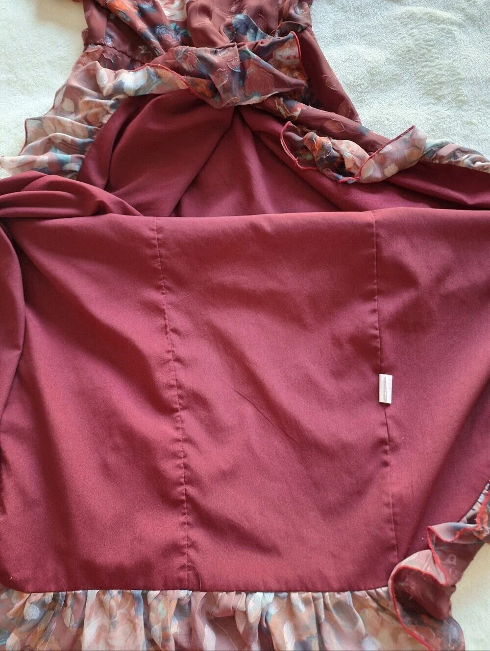 Vone Mireya Floral Ruffle Faux Wrap Midi Dress Burgundy Gold Shimmer US 8